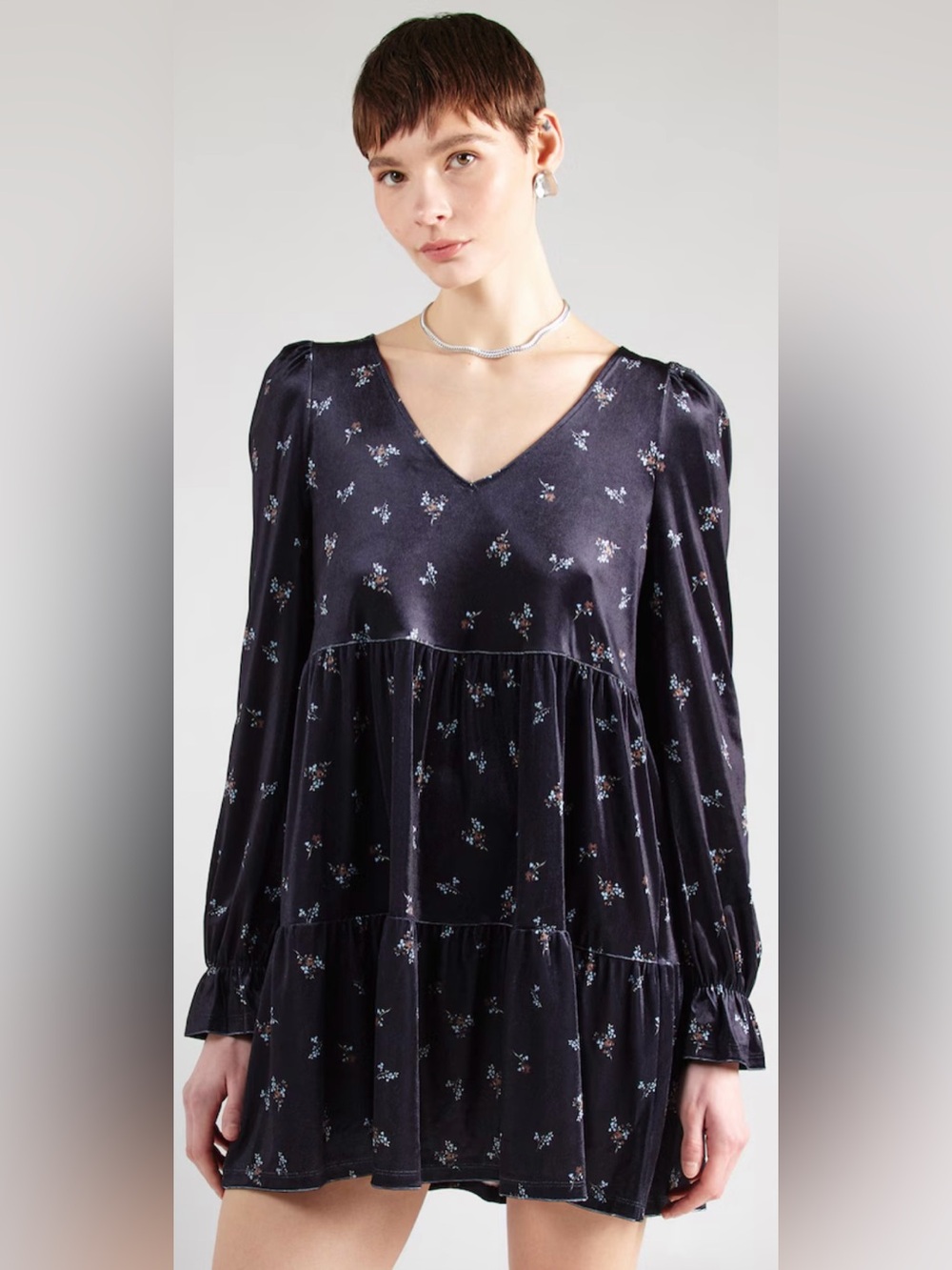 New Monki button detail midi dress in black floral bouquet print